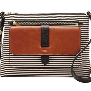 Fossil Black White Striped Kinley Canvas Leather Crossbody Bag Brown Leather